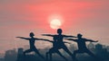 Silhouette background of group of people having yoga workout outdoors with background of cityscape and sunset sky Royalty Free Stock Photo