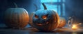 mystery haunted evil halloween blue fear background night pumpkin table horror. Generative AI. Royalty Free Stock Photo