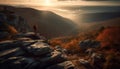 Silhouette of a backpacker standing on a mountain peak at sunset generated by AI