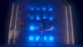 Silhouette of ballerina in form of white swan dancing ballet elements against background of smoke and spotlights with Royalty Free Stock Photo