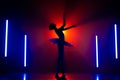 Silhouette of ballerina is practicing elements in studio with neon colorful light. Young woman dancing in classic tutu