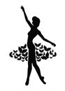 Silhouette of ballerina in a skirt of butterflies. Young graceful dancing woman.