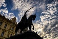 Silhouette of Ban Josip Jelacic monument on the morning sky background. Zagreb, Croatia.