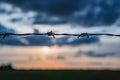 Silhouette of barbed wire on a fence against a cloudy sky at sunset Royalty Free Stock Photo