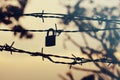 Silhouette of barbed wire with padlock. Royalty Free Stock Photo