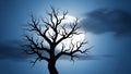 Silhouette of a bare, spooky tree against a large, bright full moon at night Royalty Free Stock Photo