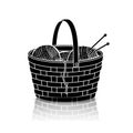 Silhouette basket of rolls of yarn for knitting with reflection