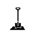 Silhouette Bayonet shovel stuck in pile of earth. Outline heap of soil and digging tool. Black simple illustration of gardening,