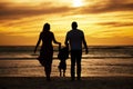 Silhouette, beach and family at the sea at sunset, holding hands and playing, bonding and relax together. Shadow, happy Royalty Free Stock Photo