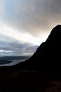 Silhouette of Bealach na Ba and cloudy sunset with view beyond of Loch Carron, Scotland