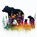Silhouette of Bear and Cubs in Meadow