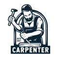 Bearded carpenter with wood chisel. Carpentry logo