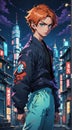 Silhouette of beautiful Boy Night city neons Phone background image - Japanese Manga style Ai illustration