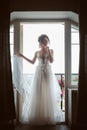 Silhouette of beautiful bride in traditional white wedding dress