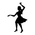 Silhouette of beautiful girl dances. For poster, flyer, studio of dances, shop of woman fashion. Vector black illustration