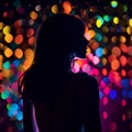 Silhouette of a beautiful girl in a nightclub with colored lights