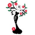 Silhouette of the beautiful girl standing near the flower tree, vector illustration