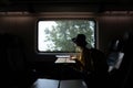 A silhouette of beautiful hipster asian woman traveling on the train.