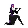 Silhouette beautiful nun in an action movie film shootout pose with a gun sit. Silhouette girl, lady illustration of spy.