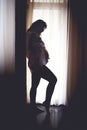 Silhouette of beautiful pregnant woman holding hands on baby, portrait of beautiful mother Royalty Free Stock Photo