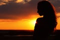 Silhouette of a beautiful girl at sunset in a field, face profile of young woman enjoying nature Royalty Free Stock Photo