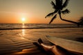 Silhouette of beautiful sexy surfer female with surfboard on the sandy beach at sunset Royalty Free Stock Photo