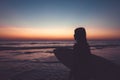 Silhouette of beautiful sexy surfer female with surfboard on the sandy beach at sunset. Royalty Free Stock Photo