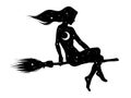 Silhouette of beautiful witch girl on a broom with crescent moon and stars in profile isolated hand drawn vector illustration