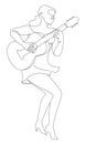 Silhouette of a beautiful woman with a guitar in a modern continuous line style. Girl guitarist, slender. Continuous line drawing, Royalty Free Stock Photo