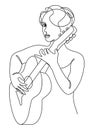 Silhouette of a beautiful woman with a guitar in a modern continuous line style. Girl guitarist, slender. Continuous line drawing, Royalty Free Stock Photo