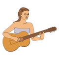 Silhouette of a beautiful woman with a guitar in a modern continuous line style. Girl guitarist, slender. Continuous Royalty Free Stock Photo