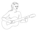 Silhouette of a beautiful woman with a guitar in a modern continuous line style. Vector illustration Royalty Free Stock Photo