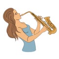 Silhouette of beautiful woman playing saxophone in continuous line modern style. Saxophonist girl, slim. Aesthetic decor