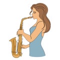 Silhouette of beautiful woman playing saxophone in continuous line modern style. Saxophonist girl, slim. Aesthetic decor