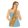 Silhouette of beautiful woman playing saxophone in continuous line modern style. Saxophonist girl, slim. Aesthetic decor