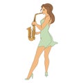 Silhouette of beautiful woman playing saxophone in continuous line modern style. Saxophonist girl, slim. Aesthetic decor