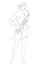 Silhouette of beautiful woman playing saxophone in continuous line modern style. Saxophonist girl, slim. Aesthetic decor sketches,