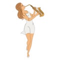 Silhouette of beautiful woman playing saxophone in continuous line modern style. Saxophonist girl, slim. Aesthetic decor