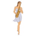 Silhouette of beautiful woman playing saxophone in continuous line modern style. Saxophonist girl, slim. Aesthetic decor