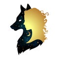 Silhouette of beautiful woman with shadow of wolf with crescent moon and stars isolated. Sticker, print or tattoo design vector il