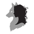 Silhouette of beautiful woman with shadow of wolf isolated. Sticker, print or tattoo design vector illustration. Pagan totem, wicc