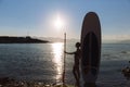 Silhouette of a beautiful woman on stand up paddle board. SUP, concept lifestyle, sport Royalty Free Stock Photo