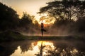 Silhouette of a beautiful Yoga healty woman in the morning at the hot spring park.