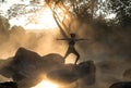 Silhouette of a beautiful Yoga woman in the morning Royalty Free Stock Photo