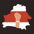 Silhouette of Belarus map. Red and white protesters flag. Fist raised up with white bracelet on wrist. Protests in