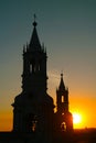 Silhouette of the Bell Tower of Basilica Cathedral of Arequipa with Stunning Bright Sunset, Arequipa, Peru