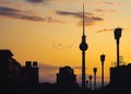 Silhouette of Berlin Fernsehturm against a sunset sky view with purple clouds and golden sky