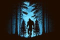silhouette of bigfoot forest dweller in nocturnal moon forest
