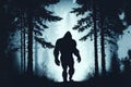 Silhouette of bigfoot forest dweller in nocturnal moon forest