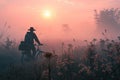 silhouette of a bike traveler riding a bicycle across a field at a foggy pink dawn Royalty Free Stock Photo